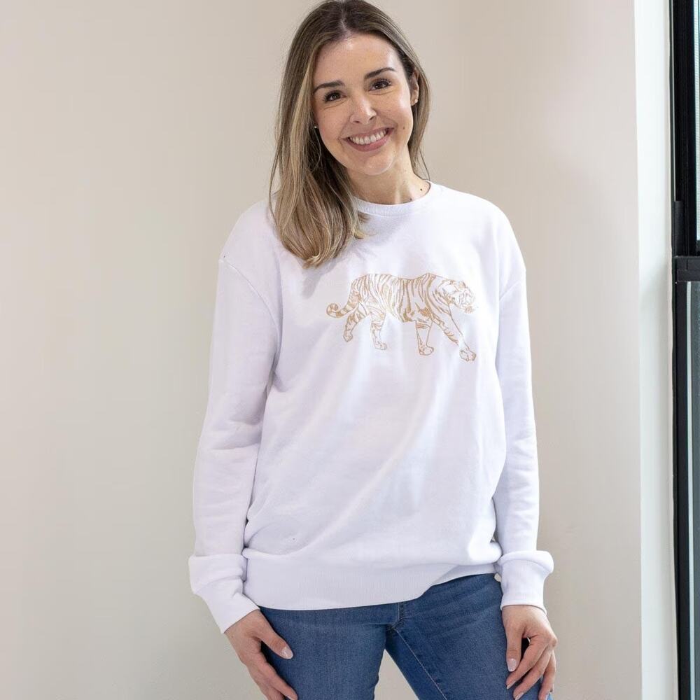 The Royal Standard Tiger Walk Sweatshirt Women’s White Gold Tiger Crewneck S